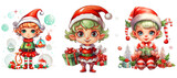 Zestaw uroczych elfów ze świątecznymi dodatkami i złośliwymwyrazem twarzy na przezroczystym tle PNG.
