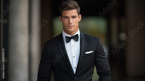 a  handsome male groom in tuxedo  photo