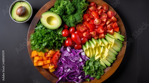 A look at the top of a salad s ingredients and vegetables.