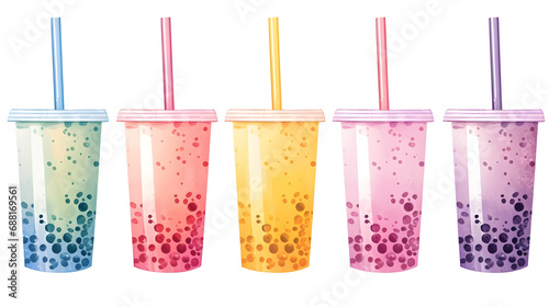 Rainbow color bubble tea in watercolor style isolated on white background