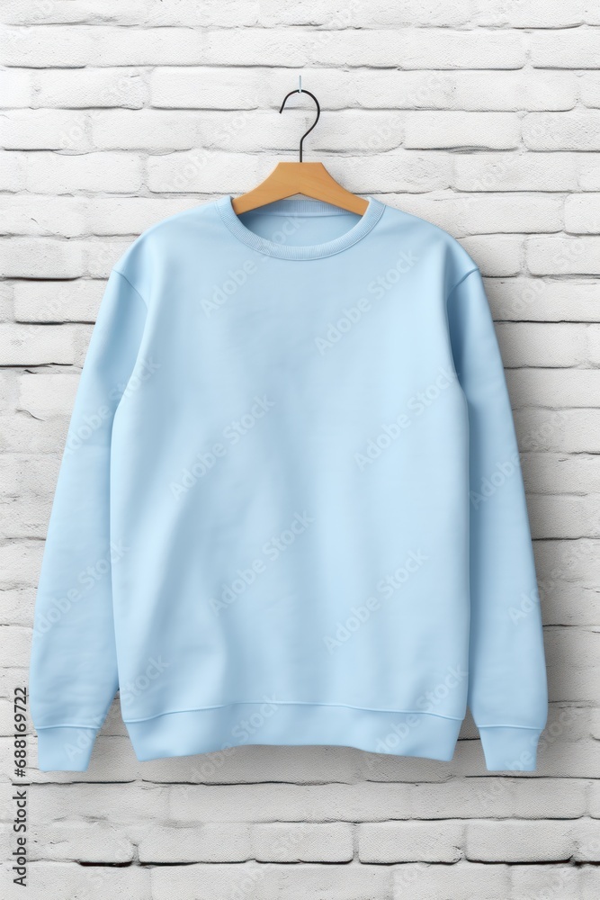Light Blue Oversized Blank Crewneck Mockup On White Brickwall Background Light Blue Oversized Blank Crewneck Mockup On White Brickwall Background