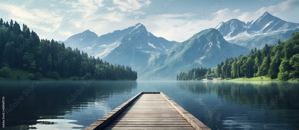 tranquil mountain lake with a wooden dock, surrounded by the beauty of nature. - obrazy, fototapety, plakaty 