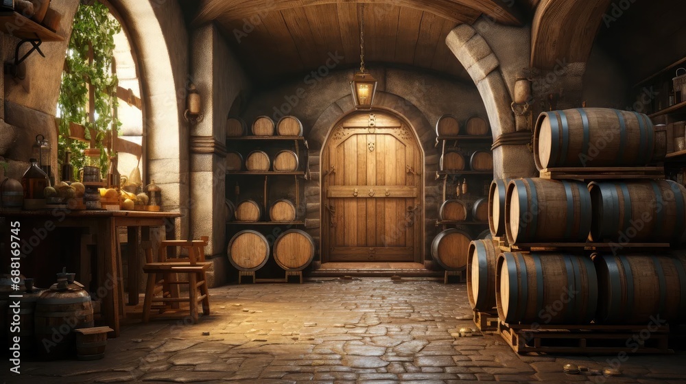old wine cellar with dusty bottles, wooden barrels, and a locked door. old wine cellar with dusty bottles, wooden barrels, and a locked door.