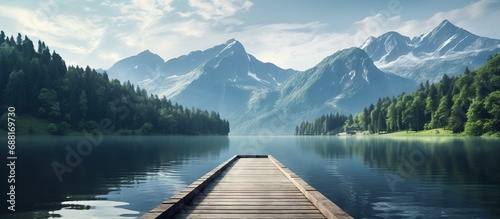 tranquil mountain lake with a wooden dock, surrounded by the beauty of nature. photo