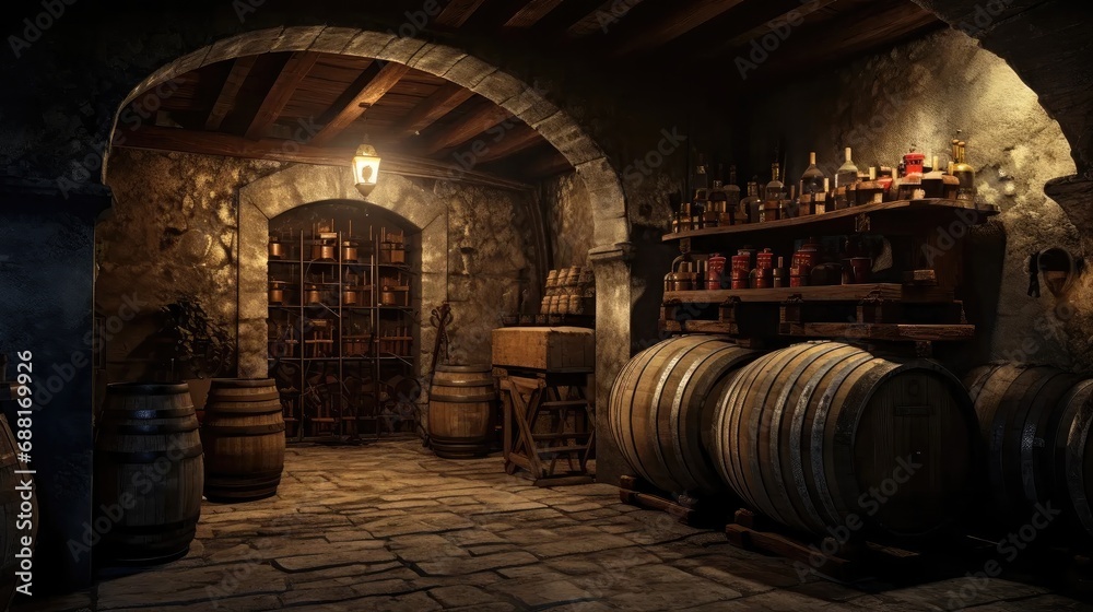 old wine cellar with dusty bottles, wooden barrels, and a locked door.