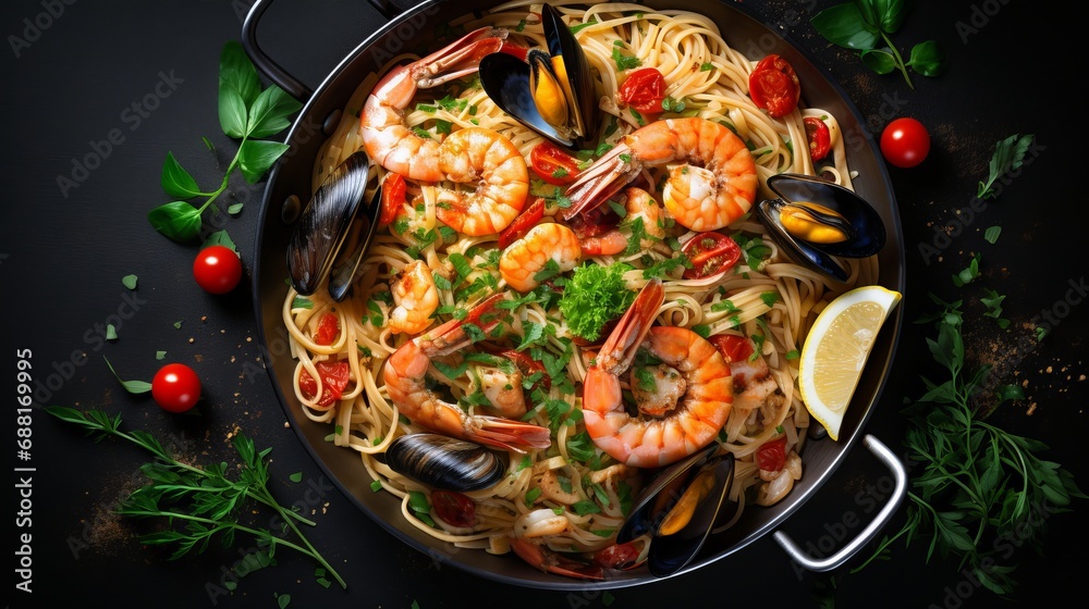 A view from above of a pan with a delectable seafood and pasta dish. A view from above of a pan with a delectable seafood and pasta dish.