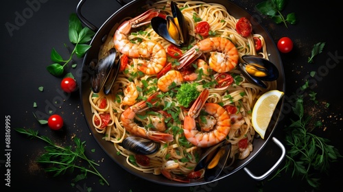 A view from above of a pan with a delectable seafood and pasta dish.