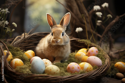 real living easter bunny and easter eggs in the nest with spring trees