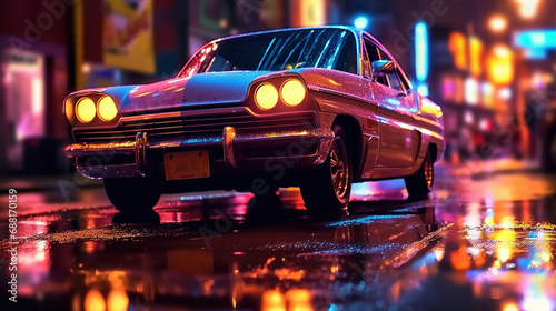 A Car Being Sashed at Midnight Surrounded By the Neon-Lit Streets Of A City Blurry Background © AI Lounge