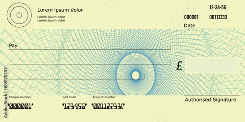 UK Blank Cheque with Pound sign and UK Spelling, Cheque template with Guilloche pattern, Bank Cheque photo