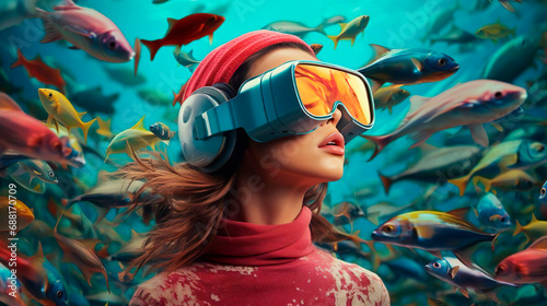 Beautiful amazed young woman with virtual reality meta verse VR glasses headset. Technology simulation. Hi-tech virtual adventure travel through time and space. A female enjoys a virtual journey trip