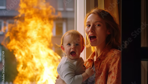 a mother holding her baby and screaming out of a window with fire photo