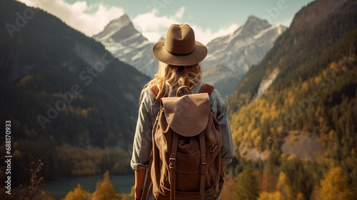 young woman with backpack in the mountains on a summer day.