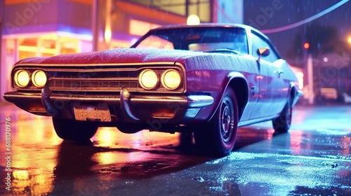 A Car Being Sashed at Midnight Surrounded By the Neon-Lit Streets Of A City Blurry Background