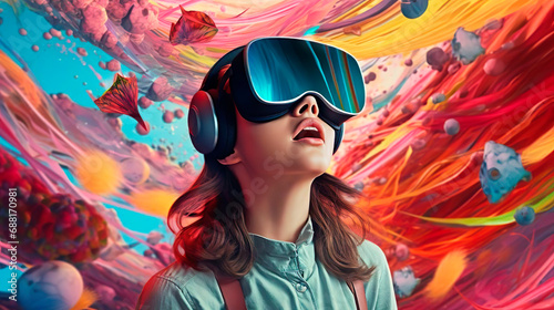Amazed female gamer woman with virtual reality glasses and futuristic game for VR gaming in cyber world. Digital experience and cyberpunk background. Technology simulation hi-tech virtual headset. A