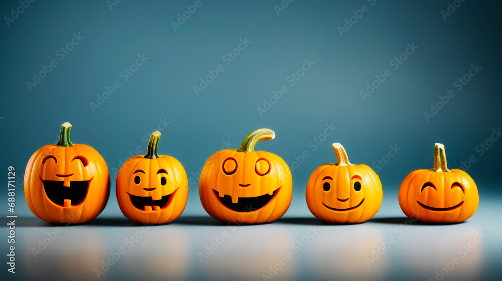 Halloween pumpkins over blue minimalistic studio background with copy space Halloween pumpkins over blue minimalistic studio background with copy space