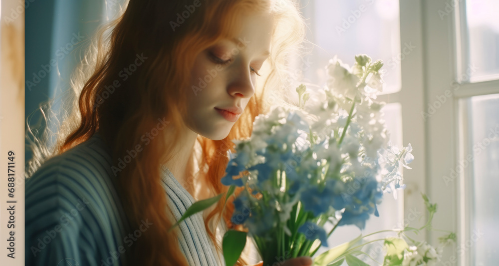Naklejka premium Young woman with flowers near window in soft light. Romantic portrait.