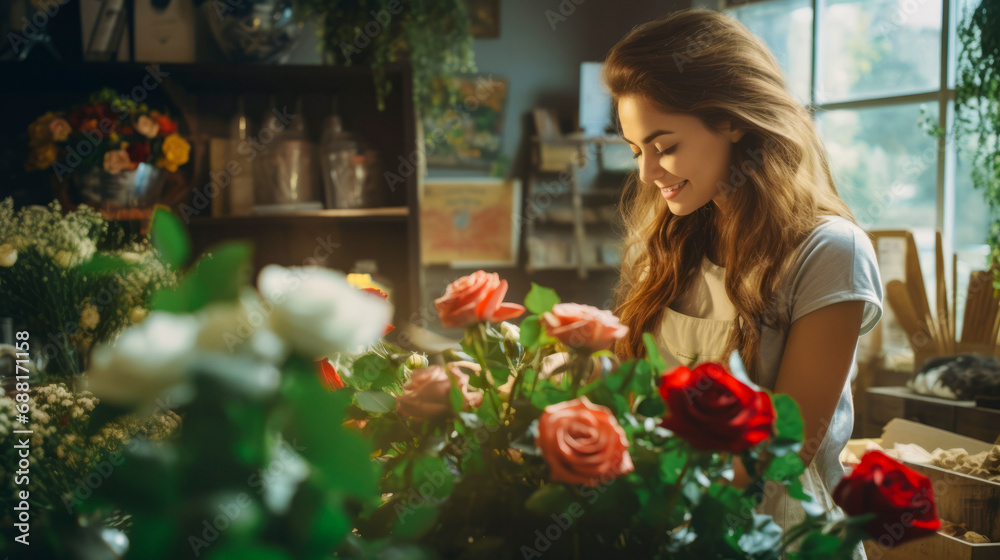 Young smiling woman florist arranging flowers in floral shop
