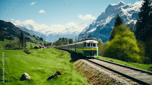 Picturesque spring scenery of train going through green mountain valley in the sunny morning © Юлия Блажук