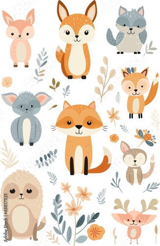 Fototapeta Naklejka Na Ścianę i Meble -  set of charming vector illustrations featuring whimsical animals in playful poses and adorable scenarios, perfect for children's books or cheerful design projects