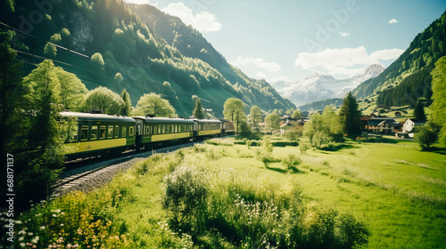 Picturesque spring scenery of train going through green mountain valley in the sunny morning