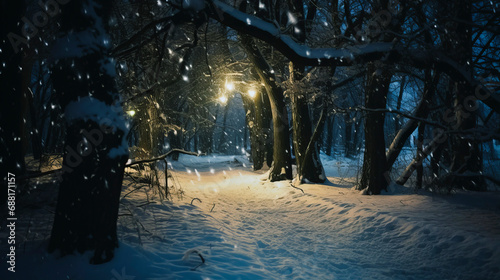 Snowy night forest landscape, magical atmosphere