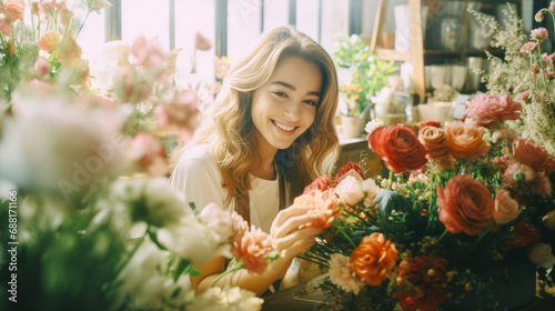 Young smiling woman florist arranging flowers in floral shop