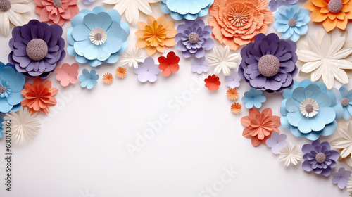 Volumetric paper flowers. Spring flowers background. Mockup. Brightly colored flowers on white background. Top view. Copy space. Pastel colors.