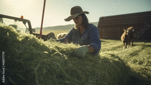 Ranch Laborer Feeding Alfalfa Hay to Livestock During Industrial Farm Work