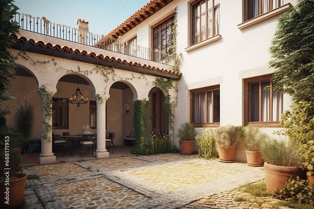 Exterior of private house with terrace. Traditional architecture in Mediterranean style.