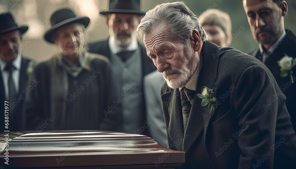 Grandpa mourns beside coffin, tears and sorrow in farewell - obrazy, fototapety, plakaty 