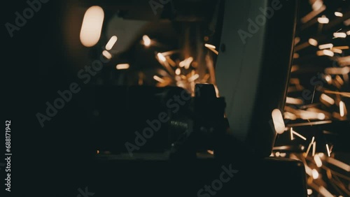 Saw for cutting metal. Circular saw sawing steel in garage or workshop. Cutting of metal. Sparks from the metal fly in different directions. Slow motion, close-up, 4K photo