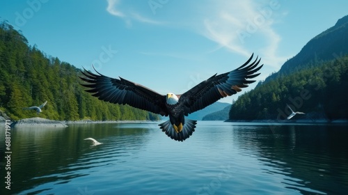 Majestic Bald Eagle Soaring Over Pristine Alaskan Waters with Lush Forest Backdrop.