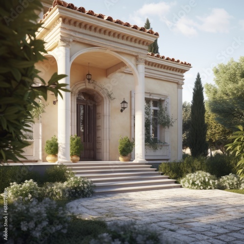 Porch of private house with stairs and colums. Traditional architecture in Mediterranean style.
