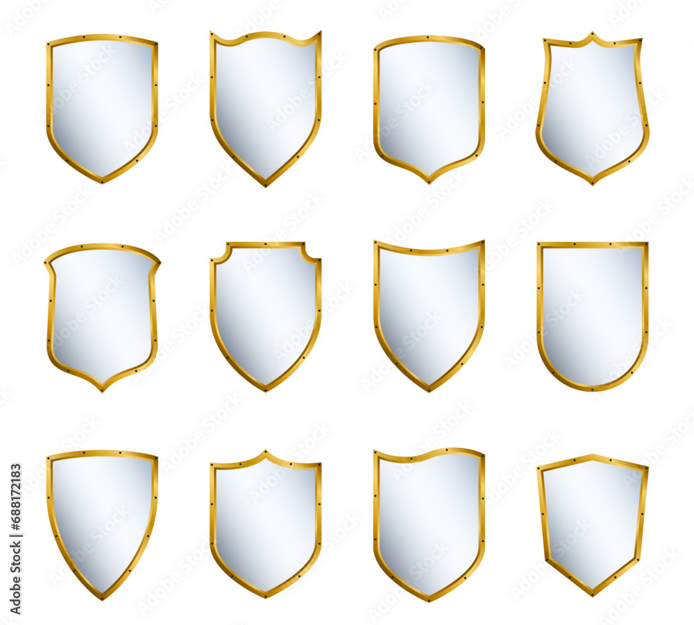 Golden realistic shields icon set. Protection vector symbol.