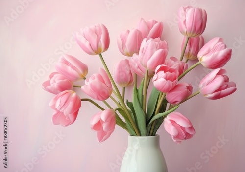 pink tulips close up on an indoor white table,