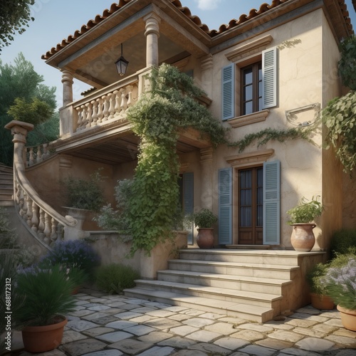 Exterior of private house with stairs. Traditional architecture in Mediterranean style. © tynza