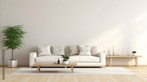 living room modern interior  industrial style  big blank wall mockup  couch  chair  plants with beautiful shadows  Generative AI.