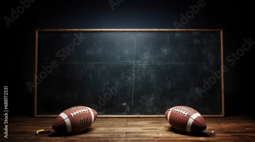 Professional American Football Play Diagram on Chalkboard with Pigskin Ball photo