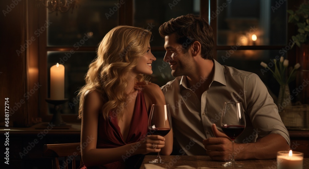 relationship man wine woman in wine tasting romantic table scene with food,