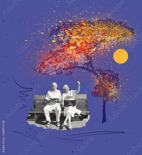 Obraz na płótnie Senior couple sitting together on abstract background. Retired elderly people man and woman enjoy and fun outdoor activity - lifestyle, travel, nature and autumn concept. w salonie