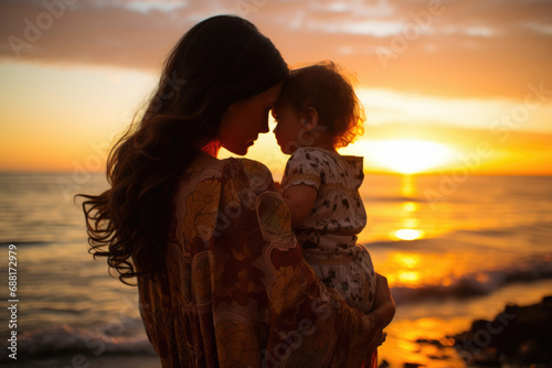 silhouette of a mother with her child at sunset, in a coastal setting, near the beach. Melancholic sad protective posters love emotions. Beautiful detailed photography. Motherhood and parenting themes