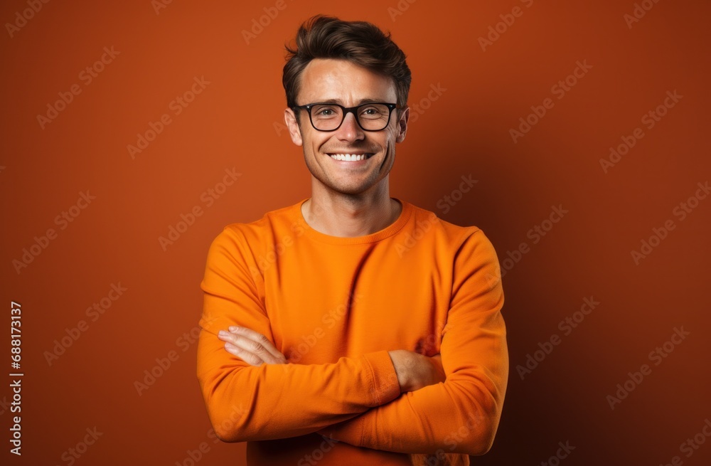 smiling man in orange sweater with arms crossed and smiling happy smiling man in orange sweater with arms crossed and smiling happy