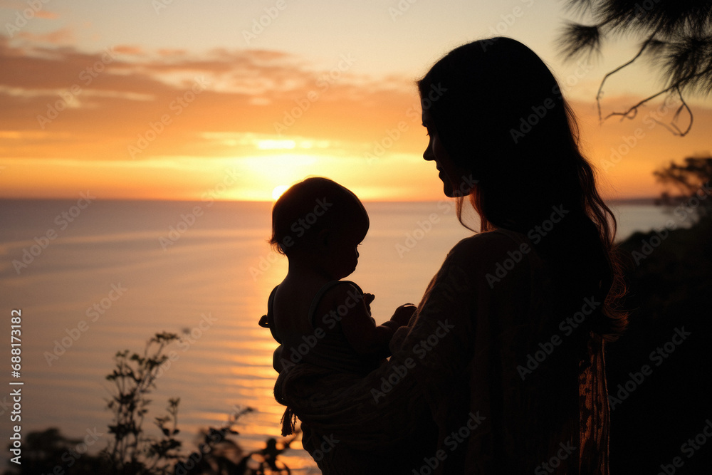 silhouette of a mother with her child at sunset, in a coastal setting, near the beach. Melancholic sad protective posters love emotions. Beautiful detailed photography. Motherhood and parenting themes