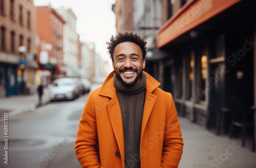 smiling man in orange sweater with arms crossed and smiling happy