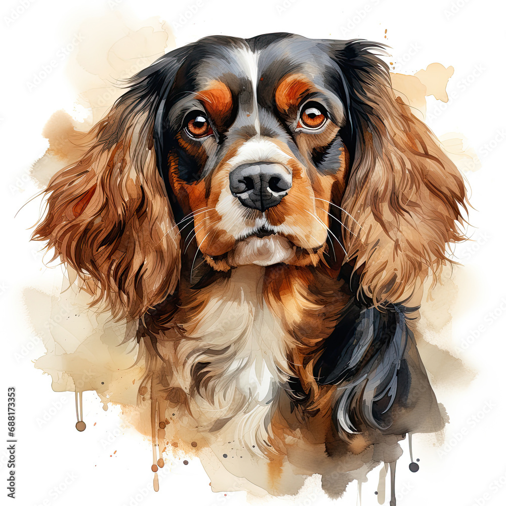 Naklejka premium watercolor Cavalier King Charles Spaniel clipart, Generative Ai