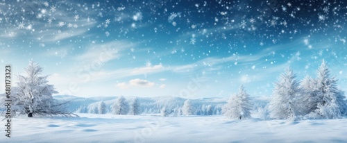 snow background with trees for christmas on a clear blue sky with snow, © olegganko