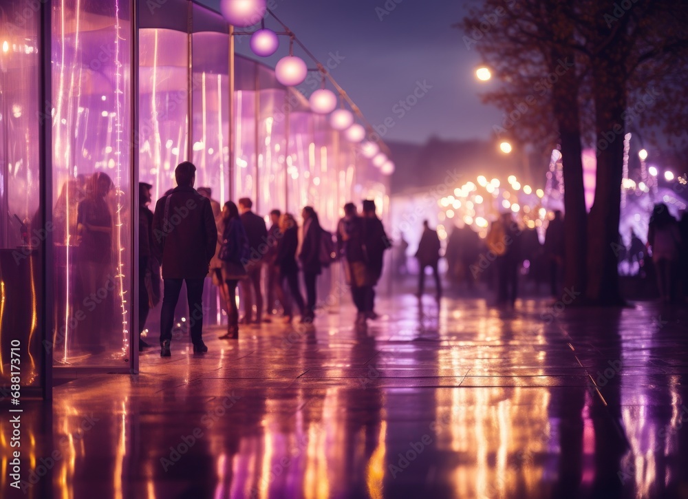 the lights blur people walking around by the festival,