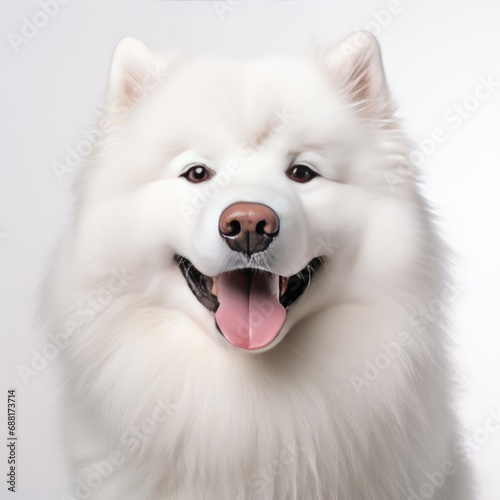 Samoyed Portrait Captured with Canon EOS 5D Mark IV and 50mm Prime Lens Against White Background © Luiz