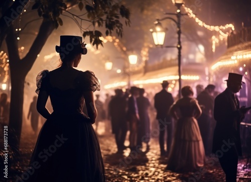 the lights blur people walking around by the festival,